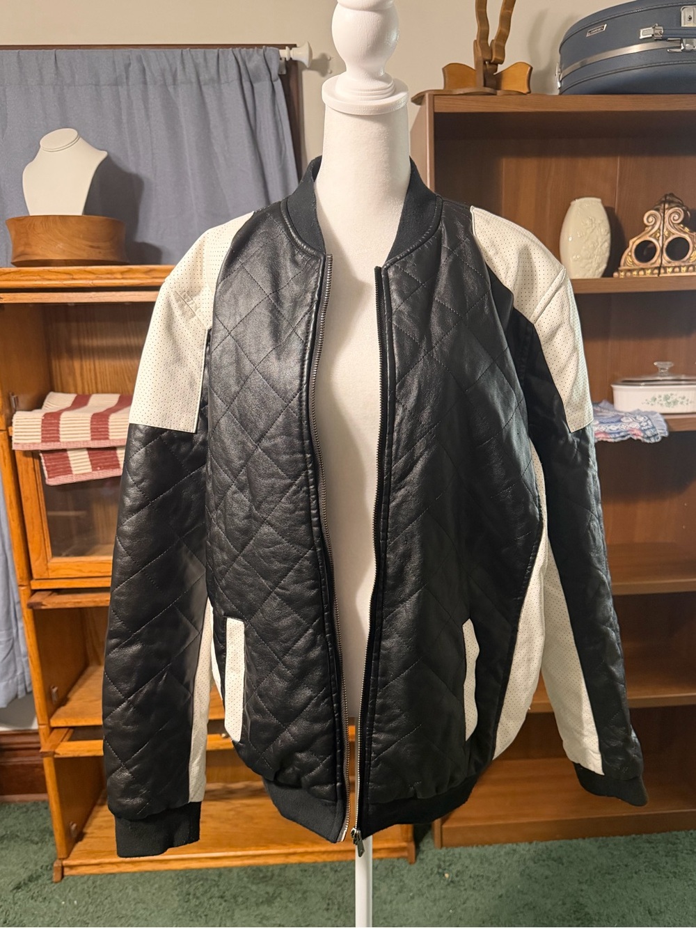 Black & White Quilted Bomber Jacket -Faux Leather